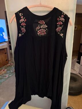 Maurices Black Sleeveless Camisole with Pink and Green Floral Embroidery